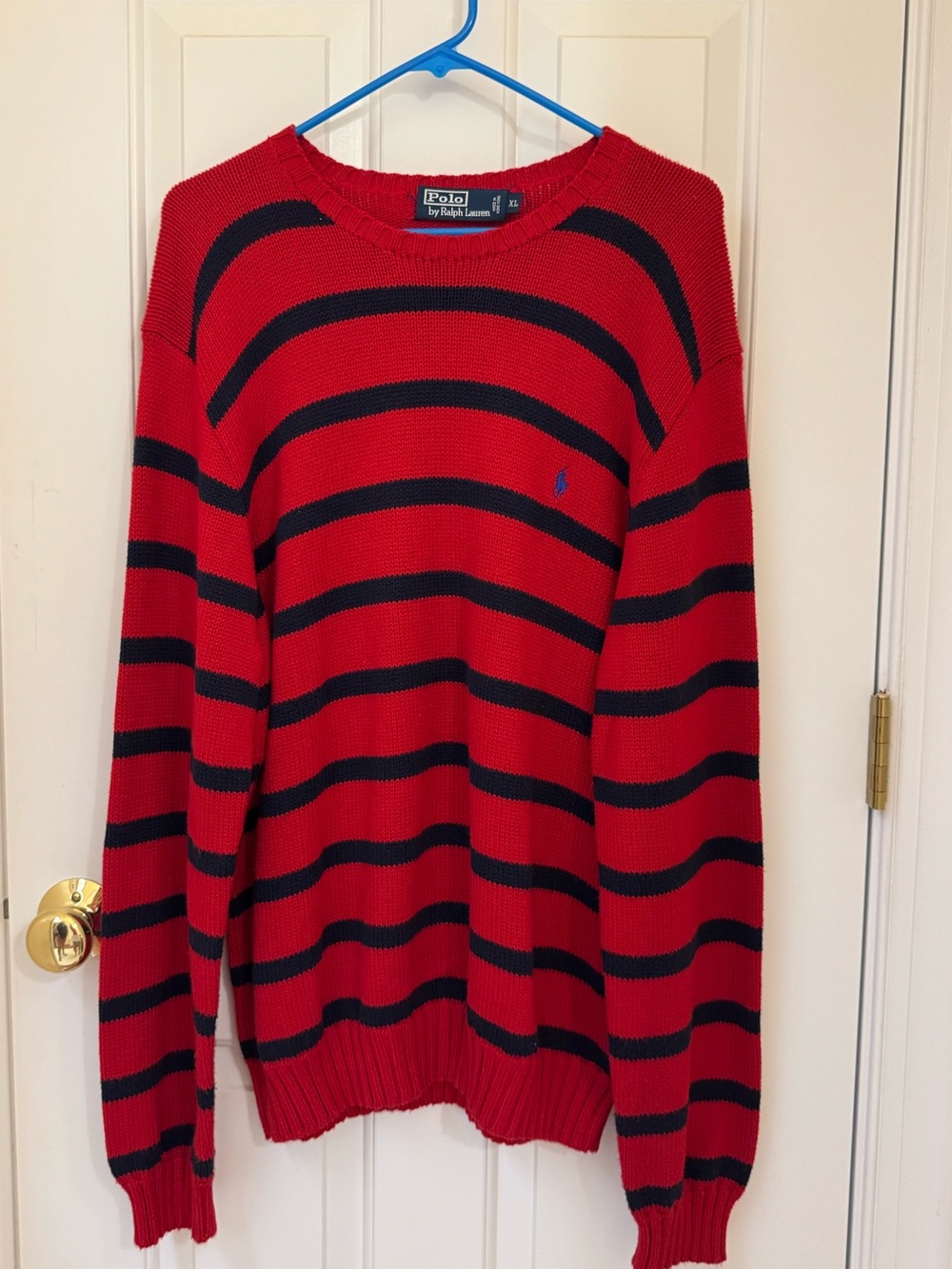 Ralph Lauren Red and Navy Striped Crewneck Sweater